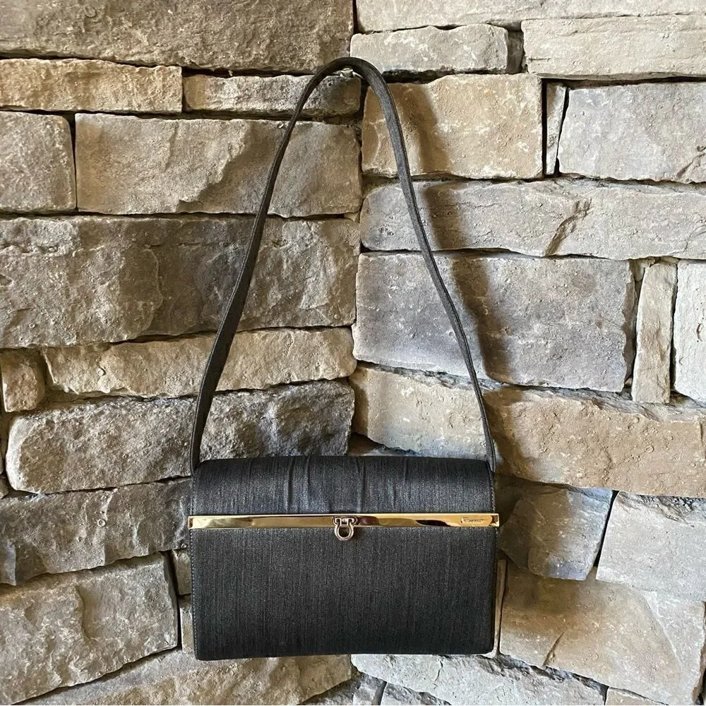 Salvatore Ferragamo Steel Grey/Blue Fabric Shoulder Bag Silver Chrome Hardware V